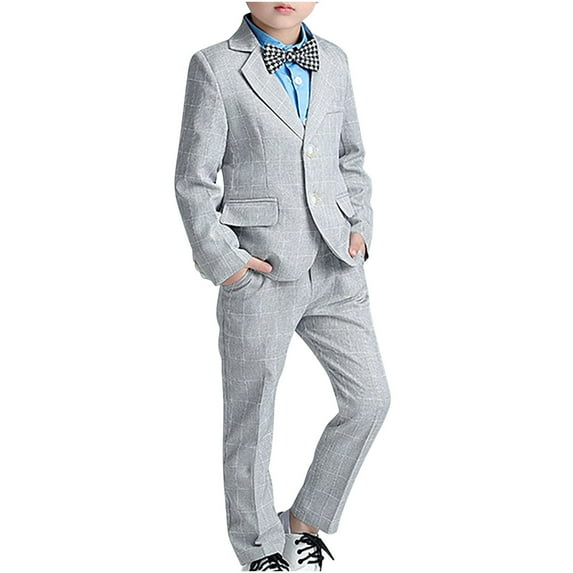 Odeerbi Kids Boys Clothes Gentleman Formal Dress Suit Fall Winter Outfits Set Color Blocked Long Sleeve Dress Shirt + Blazer Jacket + Suit Pants + Tie 4-piece Set Gray