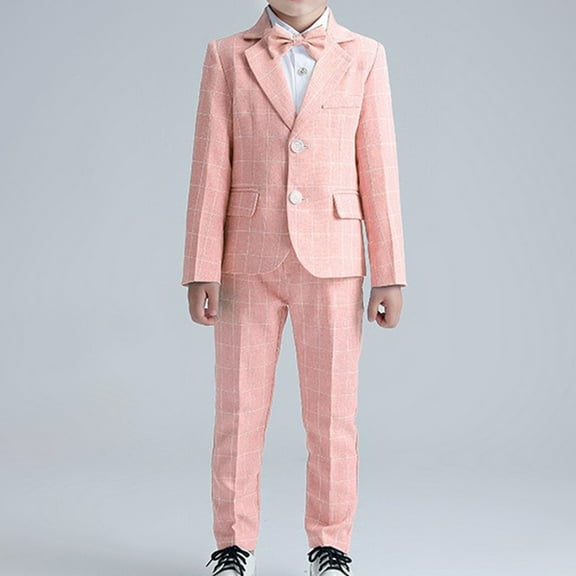Odeerbi Kids Boys Clothes Gentleman Formal Dress Suit Fall Winter Outfits Set Solid Color Long Sleeve Dress Shirt   Blazer Jacket   Suit Pants   Tie 4-piece Set Pink