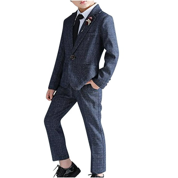 Odeerbi Kids Boys Clothes Gentleman Formal Dress Suit Fall Winter Outfits Set Solid Color Long Sleeve Dress Shirt Blazer Jacket Suit Pants Tie 4-piece Set Blue
