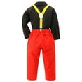 thumbnail image 1 of Odeerbi Kids Boys Cotton Clothes Gentleman Formal Dress Suit Fall Winter Outfits Set Children's Fashion Color Block Shirt Tie Strap Pants 3-Piece Set Long Sleeve Top Overalls Set Red, 1 of 1