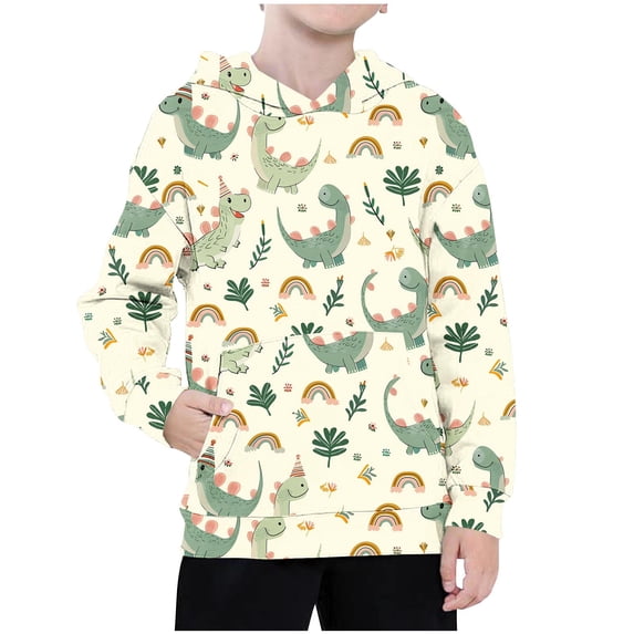 Odeerbi Kids Boys Dinosaur Hoodies Cartoon Print Hooded Sweatshirts Children's Long Sleeve Pattern T-shirt Printed Round Neck Shirt Hooded Sweatshirt Olive Green