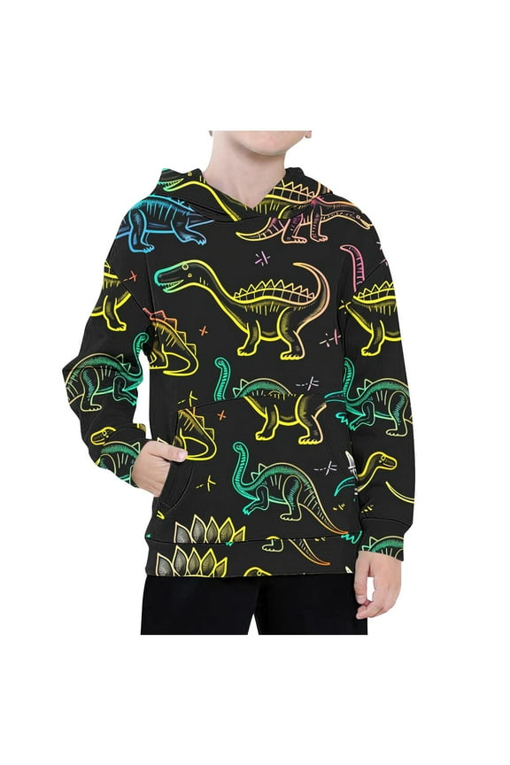 Kids Boys Dinosaur Hoodies Cartoon Print Hooded Sweatshirts Children's Long Sleeve Pattern T-shirt Printed Round Neck Shirt Hooded Sweatshirt Black