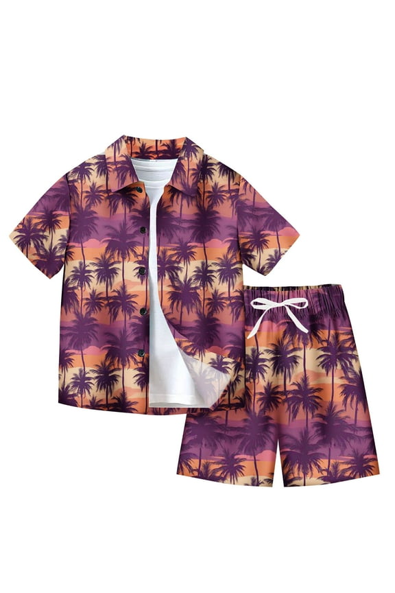 Kids Boys Girls 2 Piece Hawaiian Outfits Summer Clothes Beach Tropical Print Shirts Short Sets Fashion Casual Short Sleeve Tops Turndown Neck Collar Shirt Sets Burgundy