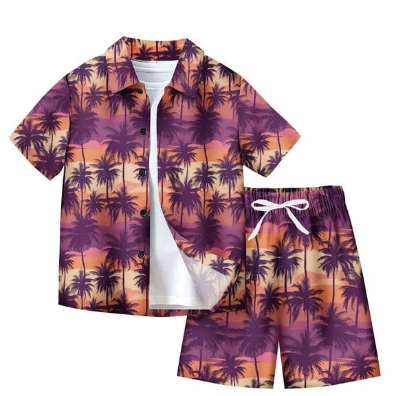 Odeerbi Kids Boys Girls 2 Piece Hawaiian Outfits Summer Clothes Beach Tropical Print Shirts Short Sets Fashion Casual Short Sleeve Tops Turndown Neck Collar Shirt Sets Burgundy