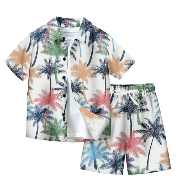 Odeerbi Kids Boys Girls 2 Piece Hawaiian Outfits Summer Clothes Beach Tropical Print Shirts Short Sets Fashion Casual Short Sleeve Tops Turndown Neck Collar Shirt Sets Multicolor