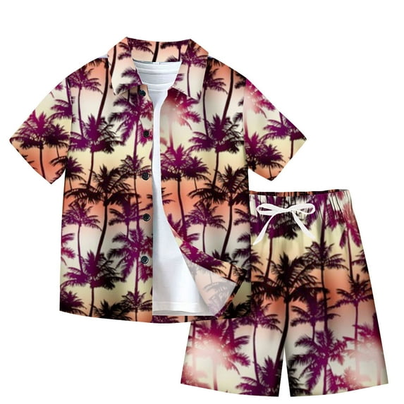 Odeerbi Kids Boys Girls 2 Piece Hawaiian Outfits Summer Clothes Beach Tropical Print Shirts Short Sets Fashion Casual Short Sleeve Tops Turndown Neck Collar Shirt Sets Brown