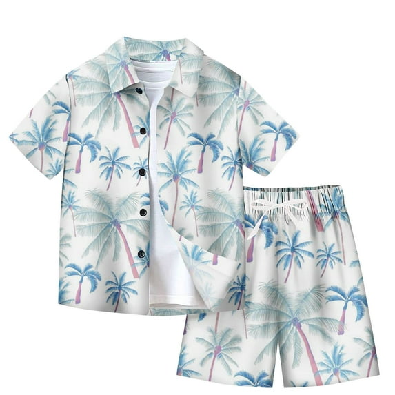 Odeerbi Kids Boys Girls 2 Piece Hawaiian Outfits Summer Clothes Beach Tropical Print Shirts Short Sets Fashion Casual Short Sleeve Tops Turndown Neck Collar Shirt Sets White