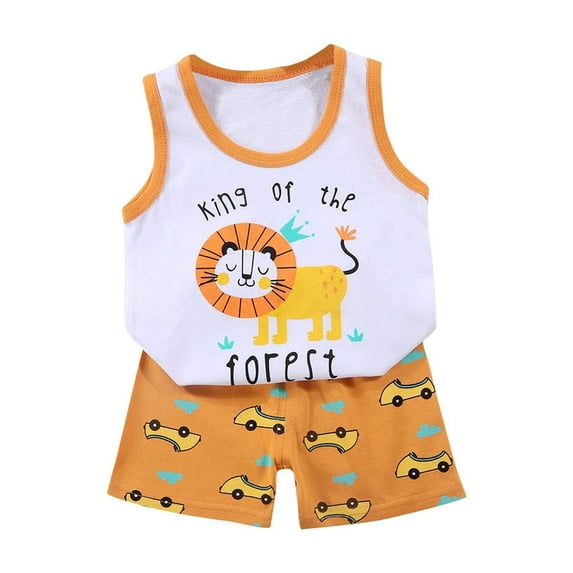 Odeerbi Kids Boys Girls 2 Piece Outfits Cartoon Cotton Tank Tops Shorts Set Summer Clothes Fashion Casual Short Sleeve Round Neck Collar Botton Printed Blouse Short Pants Sets Khaki