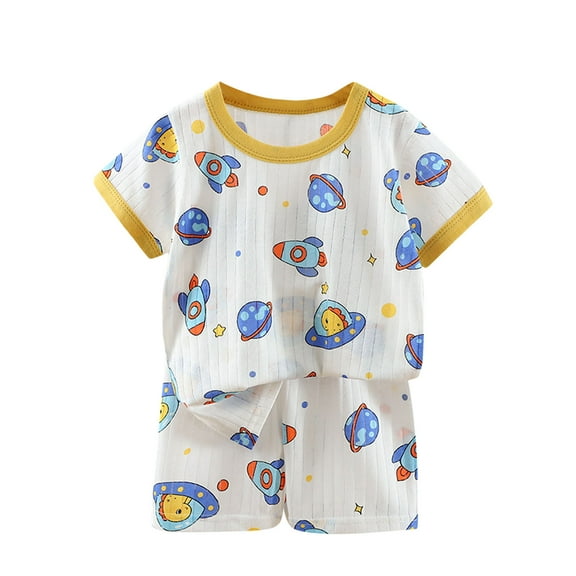 Odeerbi Kids Boys Girls 2 Piece Outfits Cotton Cartoon Shorts Set Summer Pajamas Fashion Casual Short Sleeve Tops Round Neck Collar Botton Printed Shirts Shorts Sets Beige