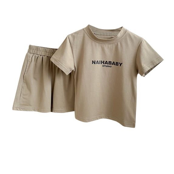 Odeerbi Kids Boys Girls 2 Piece Outfits Summer Clothes Cotton Shorts Set Children Print Short Sleeve Round Neck Blouses T-shirt Loose Shorts with Pockets Sets Olive Green