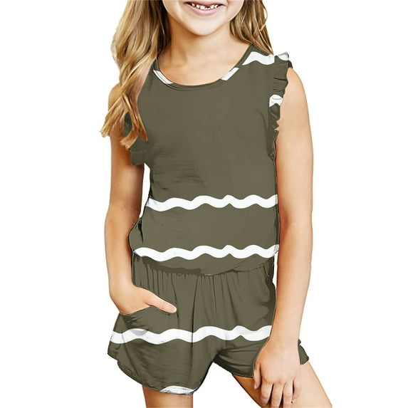 Odeerbi Kids Boys Girls 2 Piece Outfits Summer Clothes Striped Tank Tops Shorts Set Fashion Casual Sleeveless Blouse Round Neck Collar Printed Short Pants Sets Olive Green