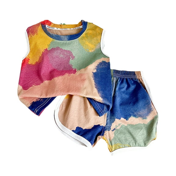 Odeerbi Kids Boys Girls 2 Piece Outfits Tie-dye Cotton Tank Tops Shorts Set Summer Clothes Children's Ink Oil Painting Style Sleeveless Shorts Two-piece Undershirt Set 1-7 Years Khaki