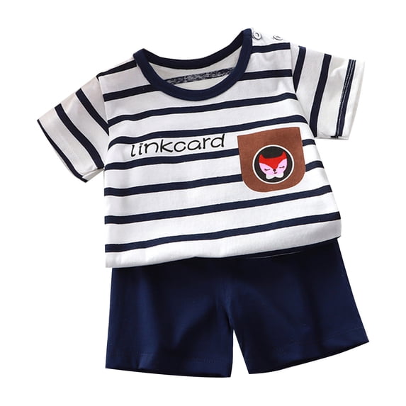 Odeerbi Kids Boys Girls 2 Piece Pajamas Set Cartoon Cotton Sleepwear Children's Summer Home Clothing Round Neck Short Sleeve Shorts Two-Piece Set Blue
