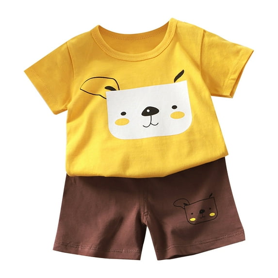 Odeerbi Kids Boys Girls 2 Piece Pajamas Set Cartoon Cotton Sleepwear Children's Summer Home Clothing Round Neck Short Sleeve Shorts Two-Piece Set Brown