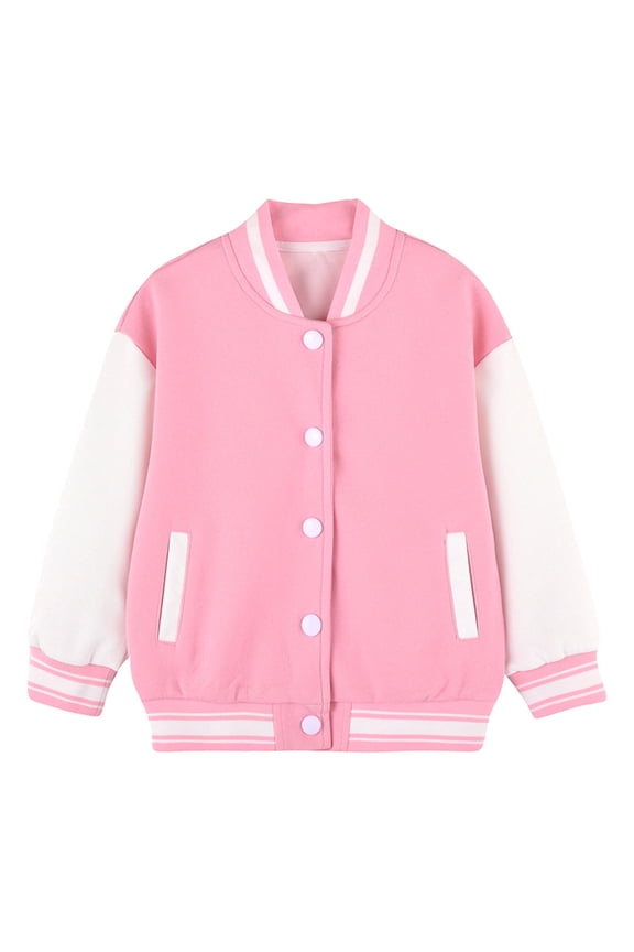 Kids Boys Girls Baseball Jacket Cotton Full Zip Cardigan Sweatshirt Children's Long Sleeves Round Neck Baseball Uniform Jacket Pink