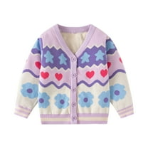 Odeerbi Kids Boys Girls Cardigan Sweater Cotton Knit Sweater Cardigan Fashion Casual Flower Printed Double-Layer Thread Warm Sweater V-Neck Knitted Cardigan Purple