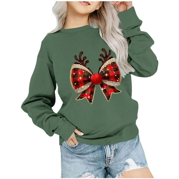 Odeerbi Kids Boys Girls Christmas Crewneck Sweatshirts Fall Winter Pullover Sweatshirt Kids Long Sleeve Christmas Pattern T-shirt Sweatshirt Top Kids Clothes Olive Green