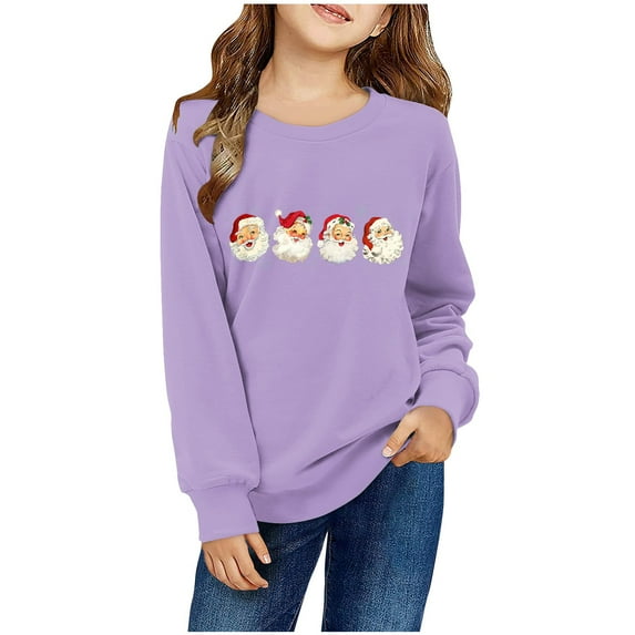 Odeerbi Kids Boys Girls Christmas Crewneck Sweatshirts Fall Winter Pullover Sweatshirt Kids Long Sleeve Christmas Pattern T-shirt Sweatshirt Top Kids Clothes Purple
