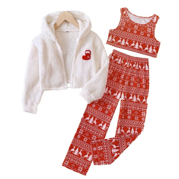 Odeerbi Kids Boys Girls Christmas Fleece Lined Jacket Winter Christmas Fleece Hooded Jacket 2025 Long Sleeve Jacket + Pants + Vests Set Red 8-9 Years