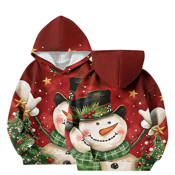 Odeerbi Kids Boys Girls Christmas Hoodies Fall Winter Pullover Hooded Sweatshirts Children's Long Sleeve Christmas Printed Hooded Sweatshirt Kids Clothes Burgundy