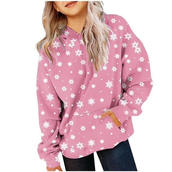 Odeerbi Kids Boys Girls Christmas Hoodies Snowflake Print Hooded Sweatshirts Children's Long Sleeve Pattern T-shirt Printed Round Neck Shirt Hooded Sweatshirt Hot Pink