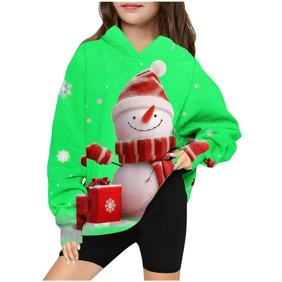 Odeerbi Kids Boys Girls Christmas Hoodies Snowman Print Hooded Sweatshirts Children's Long Sleeve Pattern T-shirt Printed Round Neck Shirt Hooded Sweatshirt Green