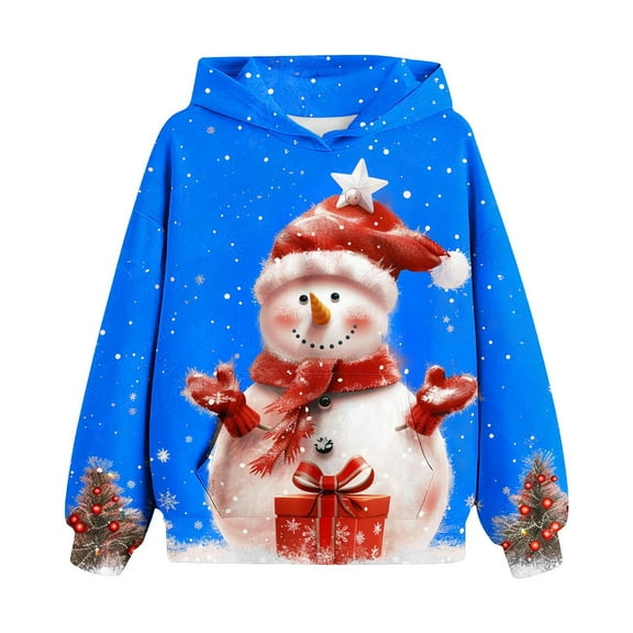 Odeerbi Kids Boys Girls Christmas Hoodies Snowman Print Hooded Sweatshirts Children's Long Sleeve Pattern T-shirt Printed Round Neck Shirt Hooded Sweatshirt Blue