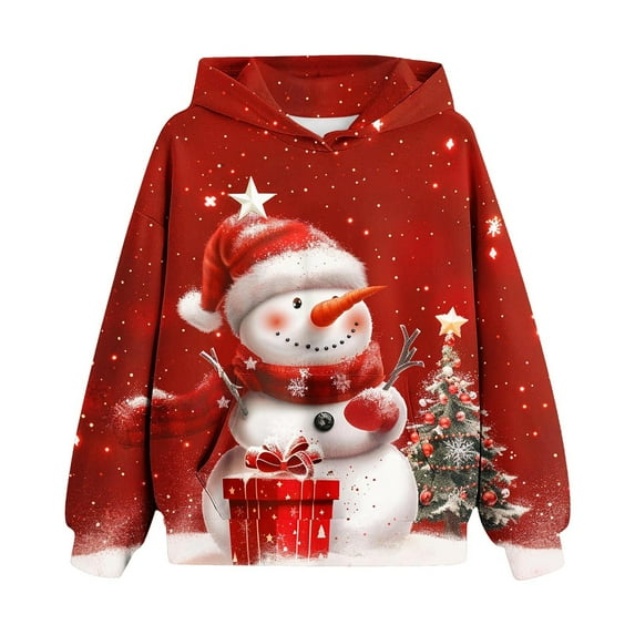 Odeerbi Kids Boys Girls Christmas Hoodies Snowman Print Hooded Sweatshirts Children's Long Sleeve Pattern T-shirt Printed Round Neck Shirt Hooded Sweatshirt Red