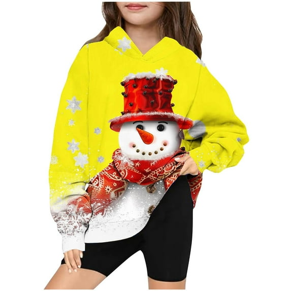 Odeerbi Kids Boys Girls Christmas Hoodies Snowman Print Hooded Sweatshirts Children's Long Sleeve Pattern T-shirt Printed Round Neck Shirt Hooded Sweatshirt Yellow