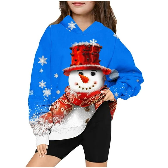Odeerbi Kids Boys Girls Christmas Hoodies Snowman Print Hooded Sweatshirts Children's Long Sleeve Pattern T-shirt Printed Round Neck Shirt Hooded Sweatshirt Blue
