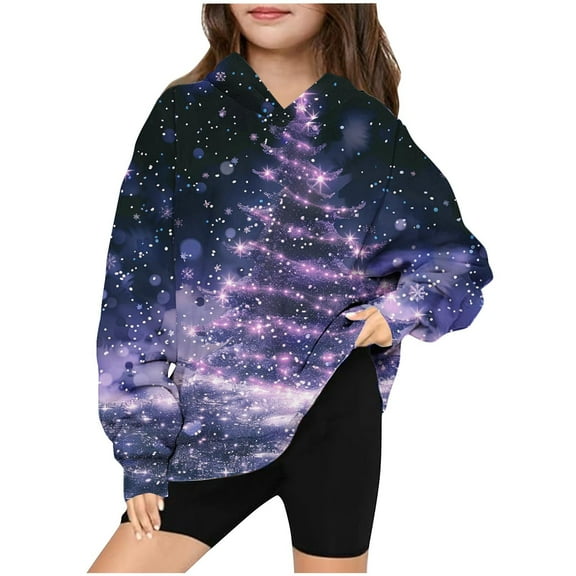 Odeerbi Kids Boys Girls Christmas Hoodies Christmas Tree Print Hooded Sweatshirts Children's Long Sleeve Pattern T-shirt Printed Round Neck Shirt Hooded Sweatshirt Blue