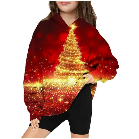 Odeerbi Kids Boys Girls Christmas Hoodies Christmas Tree Print Hooded Sweatshirts Children's Long Sleeve Pattern T-shirt Printed Round Neck Shirt Hooded Sweatshirt Red