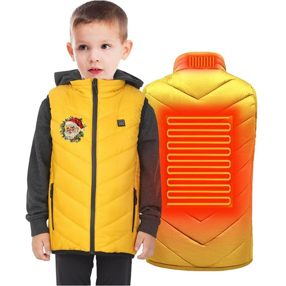 Odeerbi Kids Boys Girls Christmas Lightweight Heated Vest Winter Thermal Heated Jackets Kids Plus Size USB Intelligent Constant Temperature 2 Areas Heated Coat Kids Clothes Yellow without Power Bank
