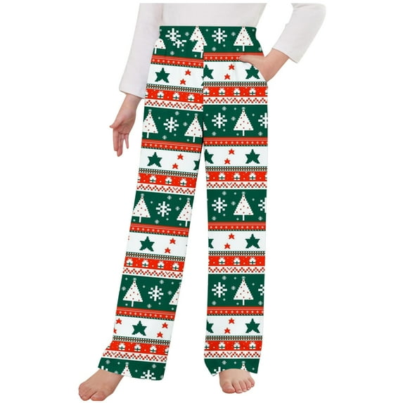 Odeerbi Kids Boys Girls Christmas Pajama Pants Christmas Tree Snowflake Deer Print Sleepwear Bottoms Elastic Waist Sports Pants Loungewear Pants Outside Lantern Pants Olive Green