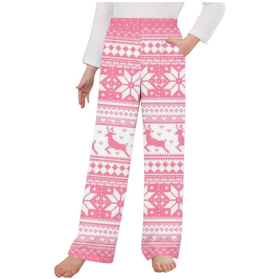 Odeerbi Kids Boys Girls Christmas Pajama Pants Christmas Tree Snowflake Deer Print Sleepwear Bottoms Elastic Waist Sports Pants Loungewear Pants Outside Lantern Pants Pink