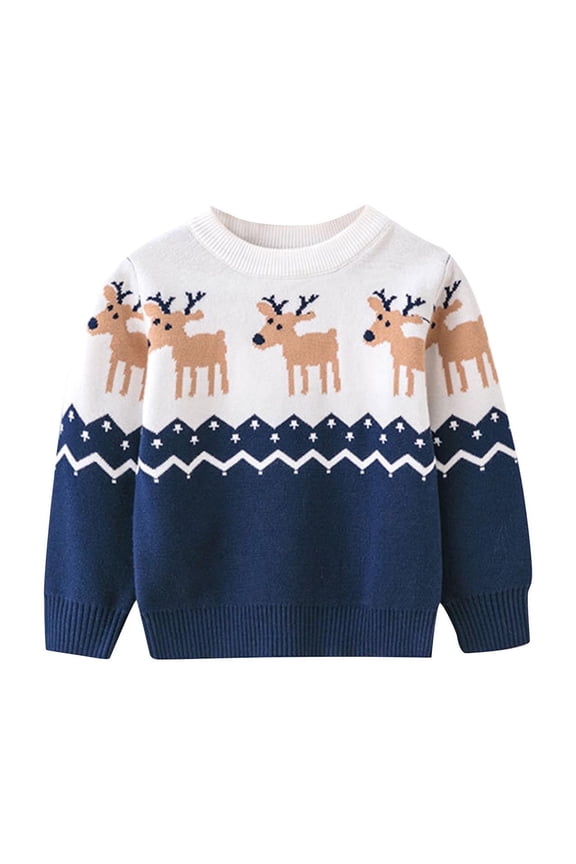 Kids Boys Girls Christmas Sweater Children's Christmas Deer Pullover Sweater Winter Crewneck Base Knit Sweater Knit Jumper Tops Navy