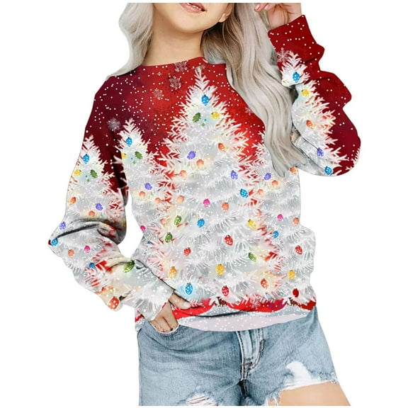 Odeerbi Kids Boys Girls Christmas Sweatshirt Cartoon Print Crewneck Sweatshirts 1-12 Years Children's Long Sleeve Round Neck Christmas Pattern Printed T-shirt Top Silver