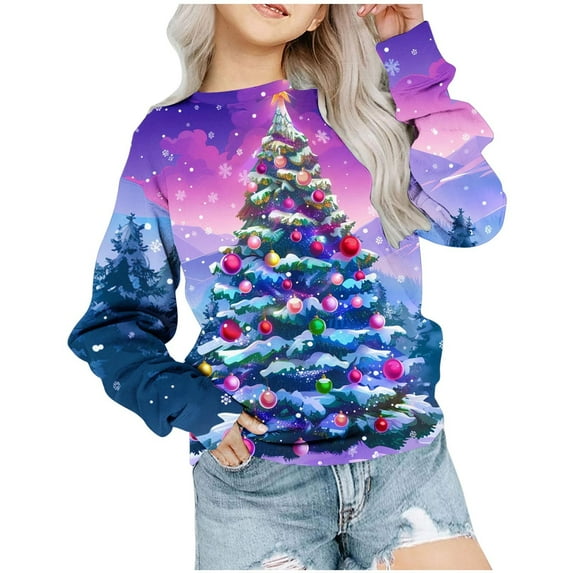 Odeerbi Kids Boys Girls Christmas Sweatshirt Cartoon Print Crewneck Sweatshirts 1-12 Years Children's Long Sleeve Round Neck Christmas Pattern Printed T-shirt Top Light Blue