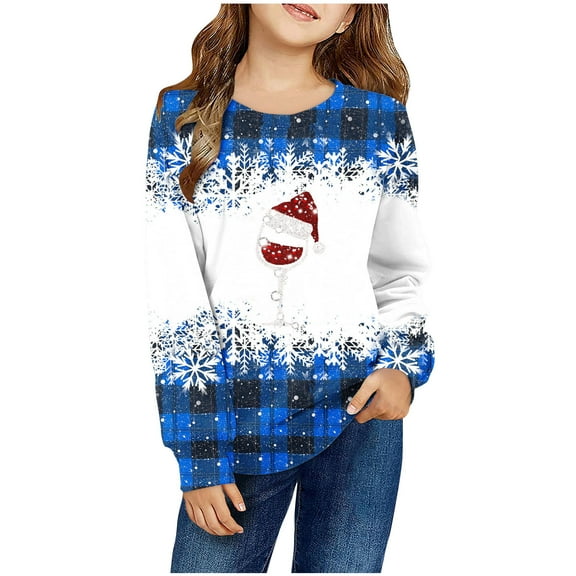Odeerbi Kids Boys Girls Christmas Sweatshirt Plaid Crewneck Sweatshirts 1-12 Years Children's Long Sleeve Printed T-shirt Round Neck Top Blue