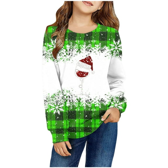Odeerbi Kids Boys Girls Christmas Sweatshirt Plaid Crewneck Sweatshirts 1-12 Years Children's Long Sleeve Printed T-shirt Round Neck Top Green
