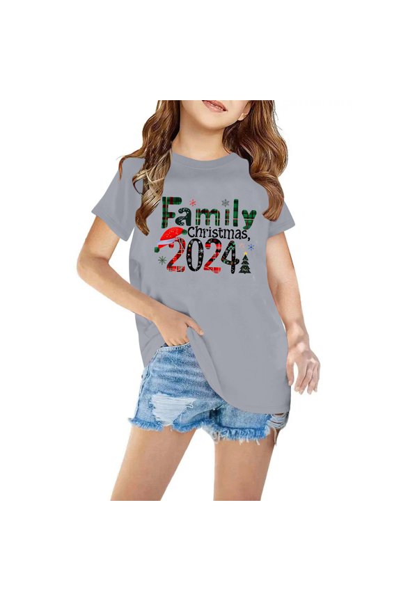 Kids Boys Girls Christmas T-shirt Christmas Print Casual Short Sleeve Tops Shirt Kids Clothes Gray