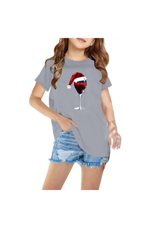 Kids Boys Girls Christmas T-shirt Christmas Print Casual Short Sleeve Tops Shirt Kids Clothes Gray