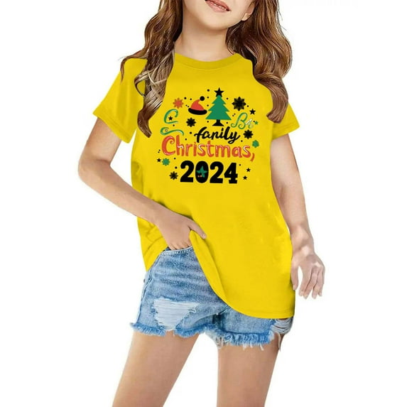 Odeerbi Kids Boys Girls Christmas T-shirt Christmas Print Casual Short Sleeve Tops Shirt Kids Clothes Yellow