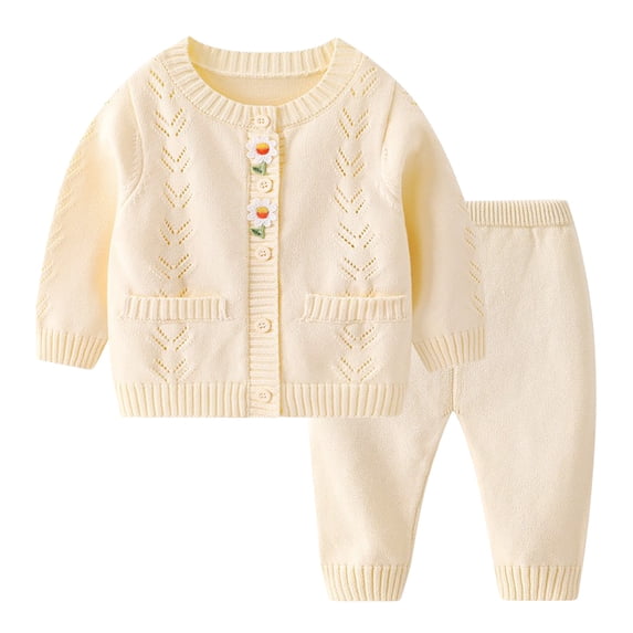 Odeerbi Kids Boys Girls Cotton Clothes Fall Winter Outfits Set Children's Casual Cute Flower Single Breasted Top Two-piece Set Long Sleeve Round Neck Shirt Set Beige