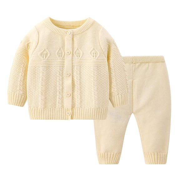 Odeerbi Kids Boys Girls Cotton Clothes Fall Winter Thermal Outfits Set Children's Casual Solid Color Single Breasted Warm Top Two-piece Set Long Sleeve Round Neck Shirt Set Beige