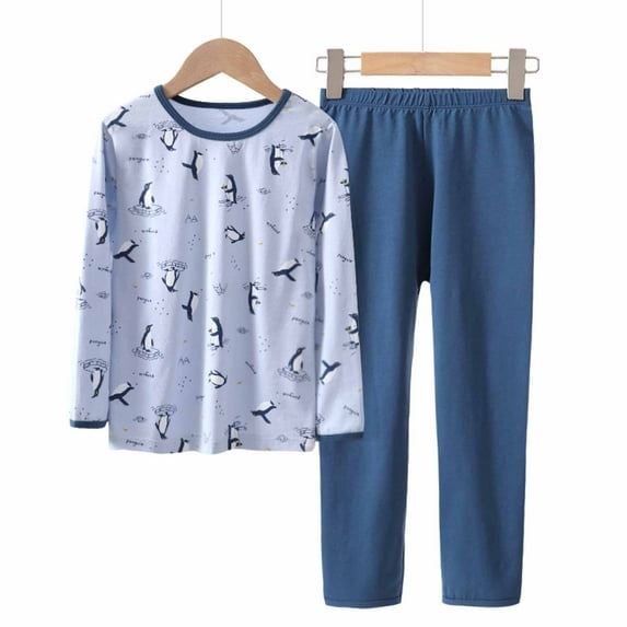 Odeerbi Kids Boys Girls Cotton Clothes Spring Fall Outfits Set Cartoon Printed Pajamas Sleepwear Two-piece Suit Newborn Underwear Set Light Blue