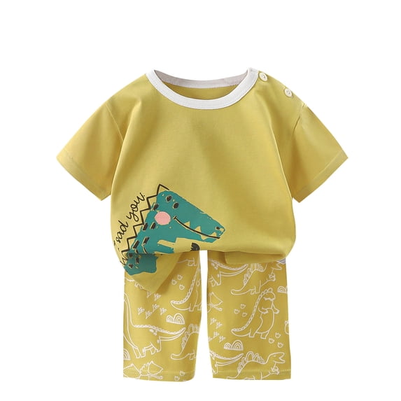 Odeerbi Kids Boys Girls Cotton Pajama Sets Dinosaur Cartoon Printed Loungewear Fashion Casual Round Neck Short Sleeve Tops Printed Shorts Pajamas Sets Green