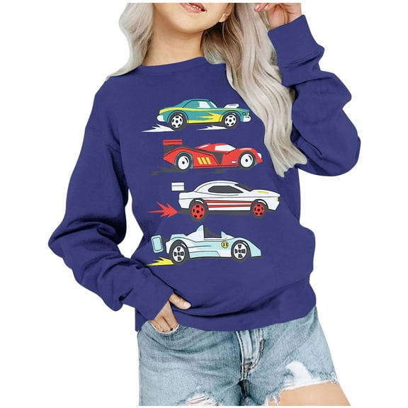 Odeerbi Kids Boys Girls Crewneck Sweatshirts Cartoon Printed Pullover Sweatshirts 1-12 Years Children's Round Neck Long Sleeve Pattern Printed Sweatshirt Purple
