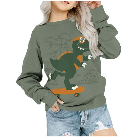 Odeerbi Kids Boys Girls Crewneck Sweatshirts Dinosaur Pullover Sweatshirts 1-12 Years Children's Round Neck Long Sleeve Pattern Printed Sweatshirt Olive Green