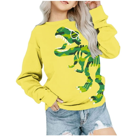 Odeerbi Kids Boys Girls Crewneck Sweatshirts Dinosaur Pullover Sweatshirts 1-12 Years Children's Round Neck Long Sleeve Pattern Printed Sweatshirt Yellow